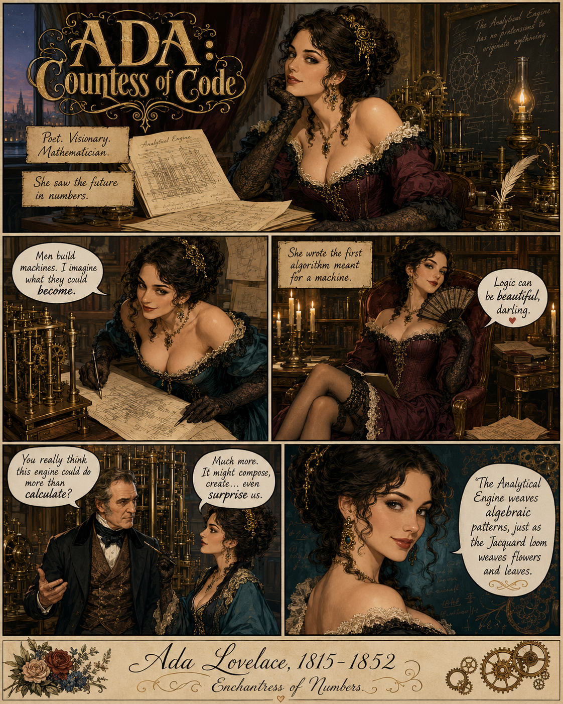 An ornate Victorian comic portraying Ada Lovelace with plans for the Analytical Engine, writing at a mechanical calculator, and discussing its creative potential with Charles Babbage.