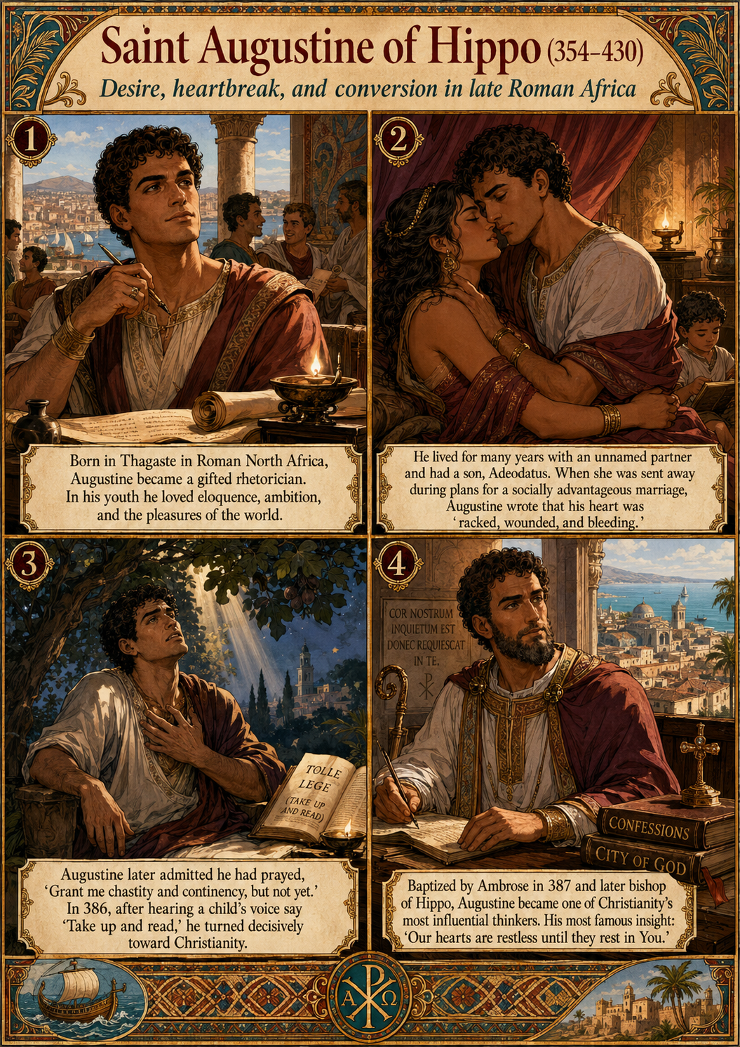 An illuminated-manuscript-style comic about Augustine of Hippo, portraying his youth in Roman Africa, unnamed longtime partner and son, conversion, baptism, and influential Christian writings.
