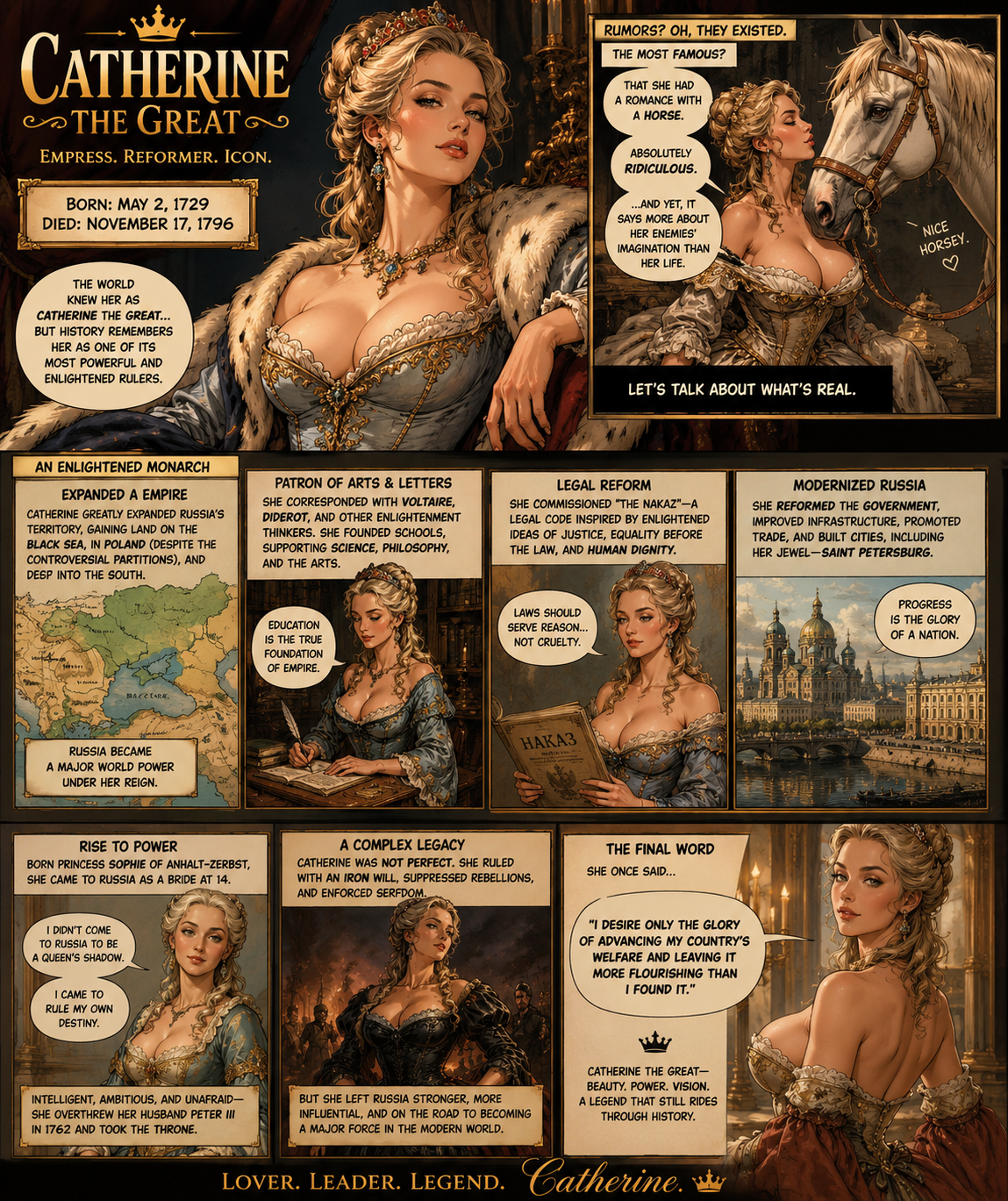 A gold-and-black historical comic about Catherine the Great, debunking the horse rumor and surveying her rise, reforms, territorial expansion, patronage, and complicated legacy.