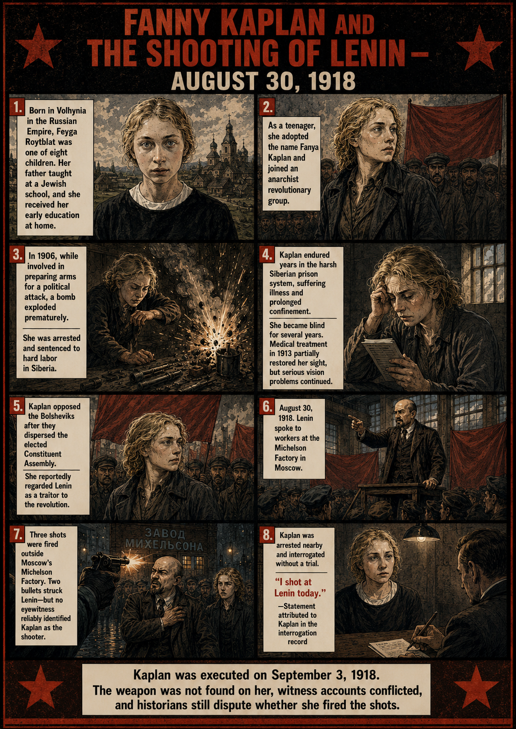 A stark black-and-red historical comic about Fanny Kaplan, her revolutionary youth and imprisonment, and the disputed evidence surrounding the 1918 shooting of Vladimir Lenin.