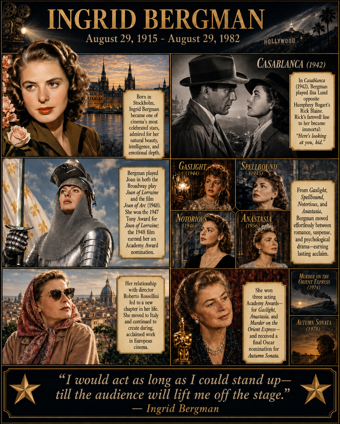 A black-and-gold comic celebrating Ingrid Bergman's life and screen career, with illustrated scenes from Casablanca, Joan of Arc, Gaslight, Spellbound, Notorious, Anastasia, and her later films.