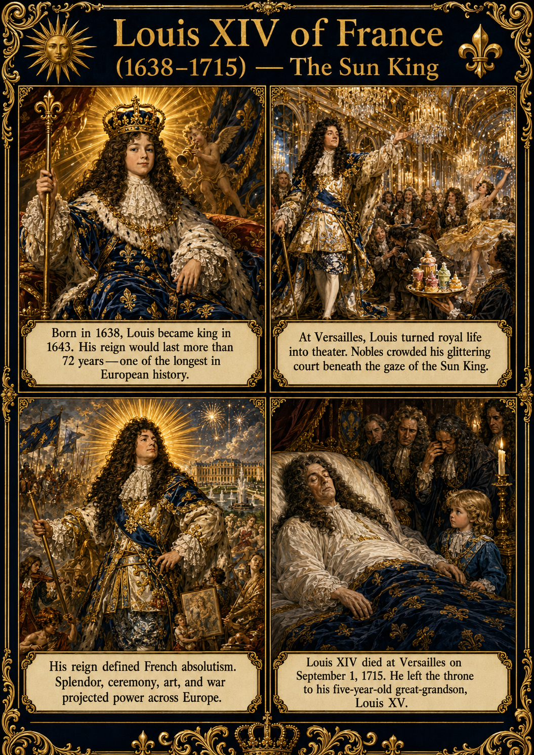An ornate blue-and-gold four-panel comic about Louis XIV of France, showing his accession as a child, the ceremonial court at Versailles, the splendor and warfare of his reign, and his death in 1715.