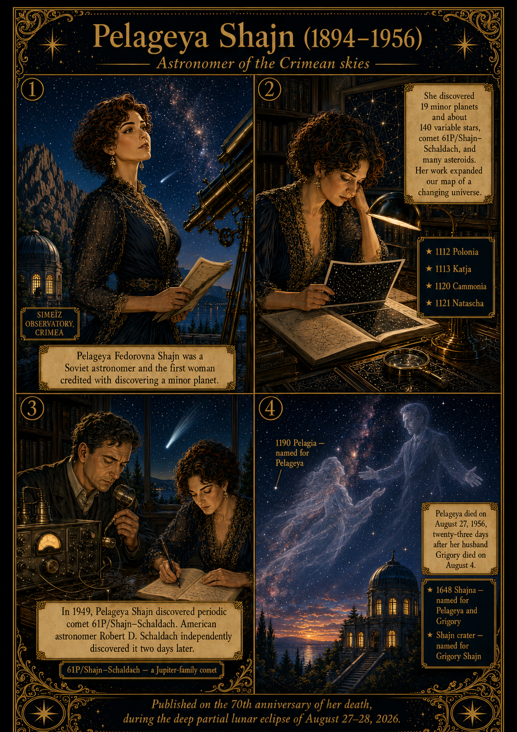 An ornate midnight-blue and gold comic about Soviet astronomer Pelageya Shain, her minor-planet and variable-star discoveries, comet 61P/Shajn–Schaldach, and astronomical names honoring her and her husband.