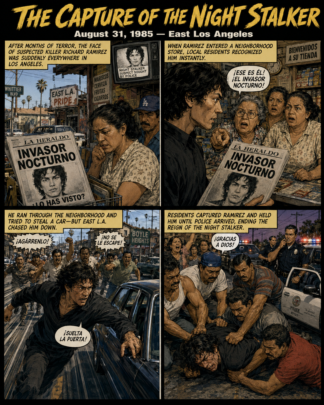 A black-and-yellow four-panel comic about East Los Angeles residents recognizing, pursuing, and capturing Night Stalker suspect Richard Ramirez on August 31, 1985.