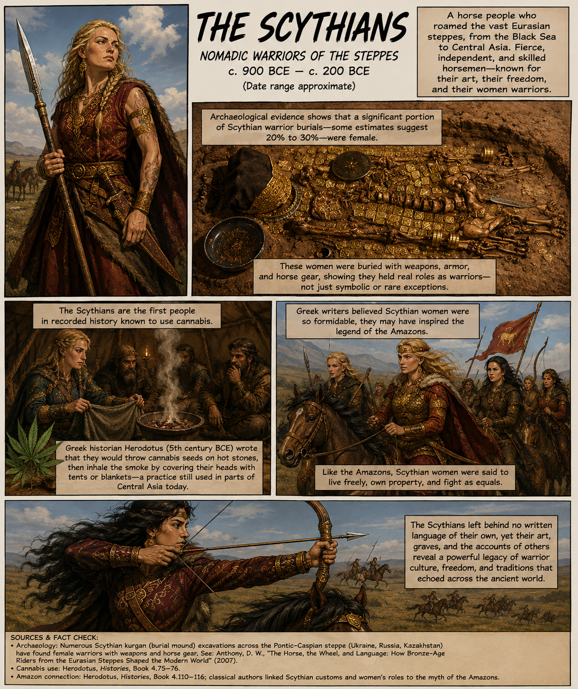 A historical comic about the Scythians showing a mounted woman warrior, an archaeological burial, a cannabis steam ritual, mounted archers, and steppe warfare.
