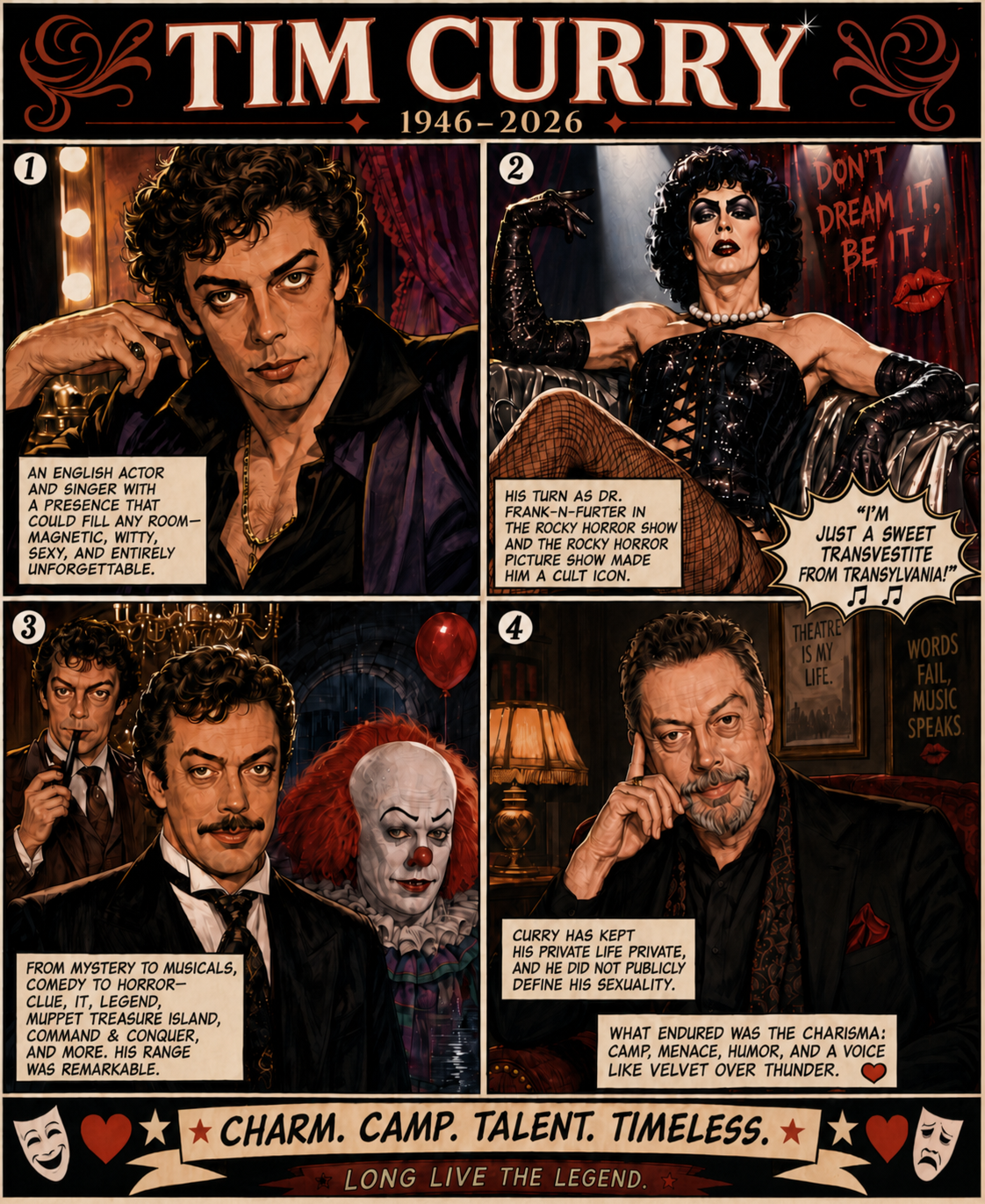 A black, cream, and red four-panel memorial comic celebrating Tim Curry's acting and singing career, including Dr. Frank-N-Furter, Wadsworth, Pennywise, and Command & Conquer.